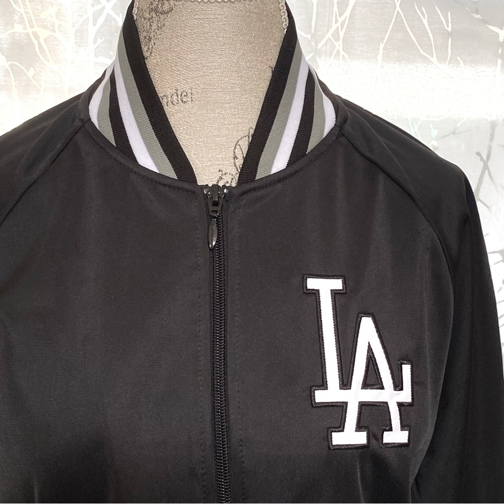 Mitchell & Ness LA black satin white gray stripe zip zipper bomber jacket coat - Picture 4 of 11